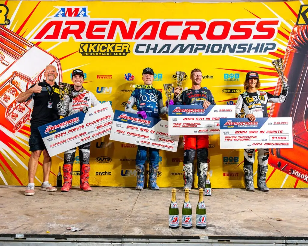 The podium for the overall points 2024 AMA Arenacross Championship with Kyle Peters, Ryan Breece, Kyle Bitterman, and Izaih Clark.